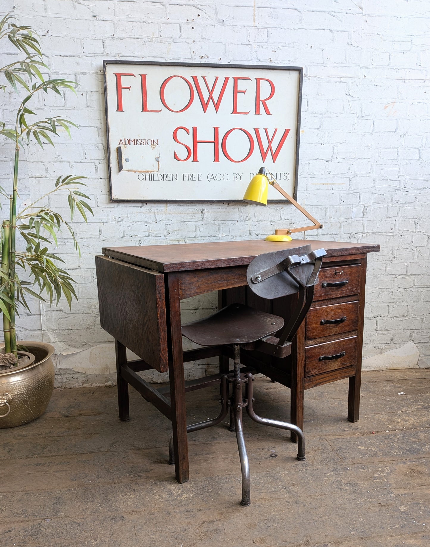 Small Vintage 40s 50s Oak 3 Drawer Extending Industrial Factory Pedestal Desk