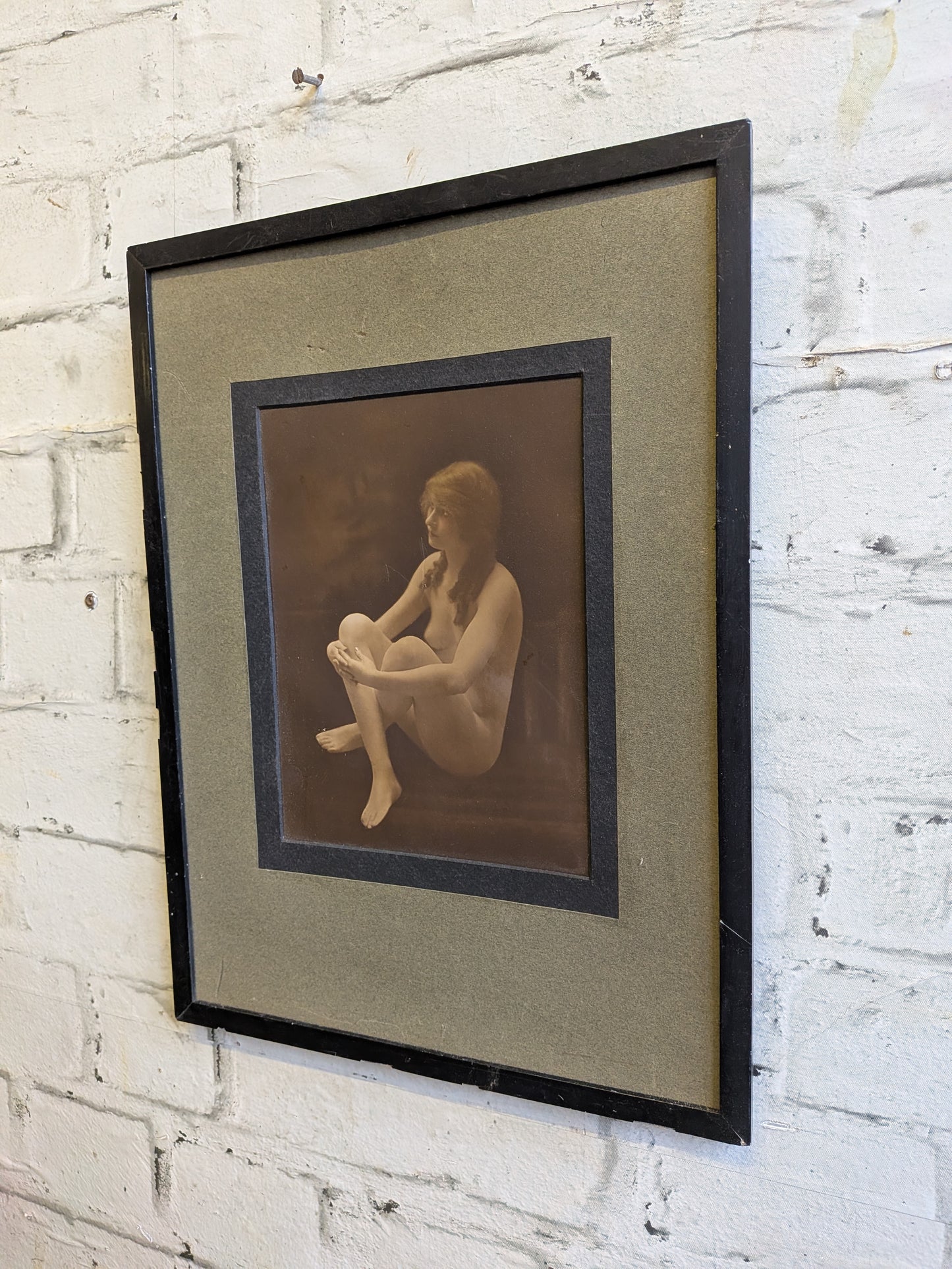 Antique Framed Hand Tinted Erotic Art Nude Seated Female Photograph