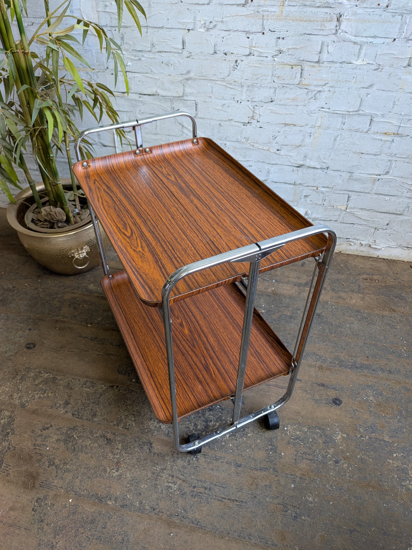 Vintage Retro 1970s Mid Century Modern Formica & Chrome Folding Cocktail Bar Drinks Books Table Trolley.
