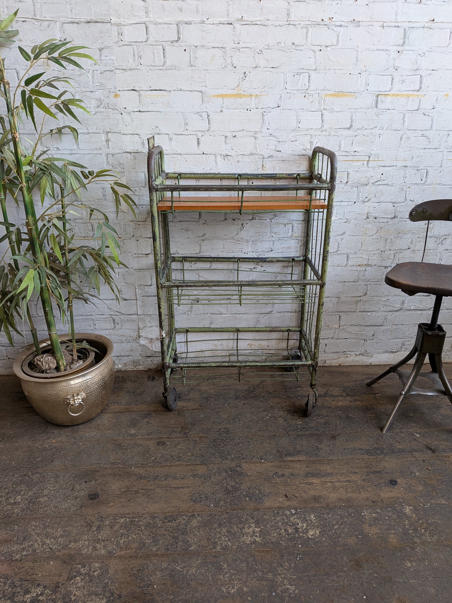 1 x Vintage 50s Mid Century Industrial Factory Steel Book Shelf Shelving Storage Trolley