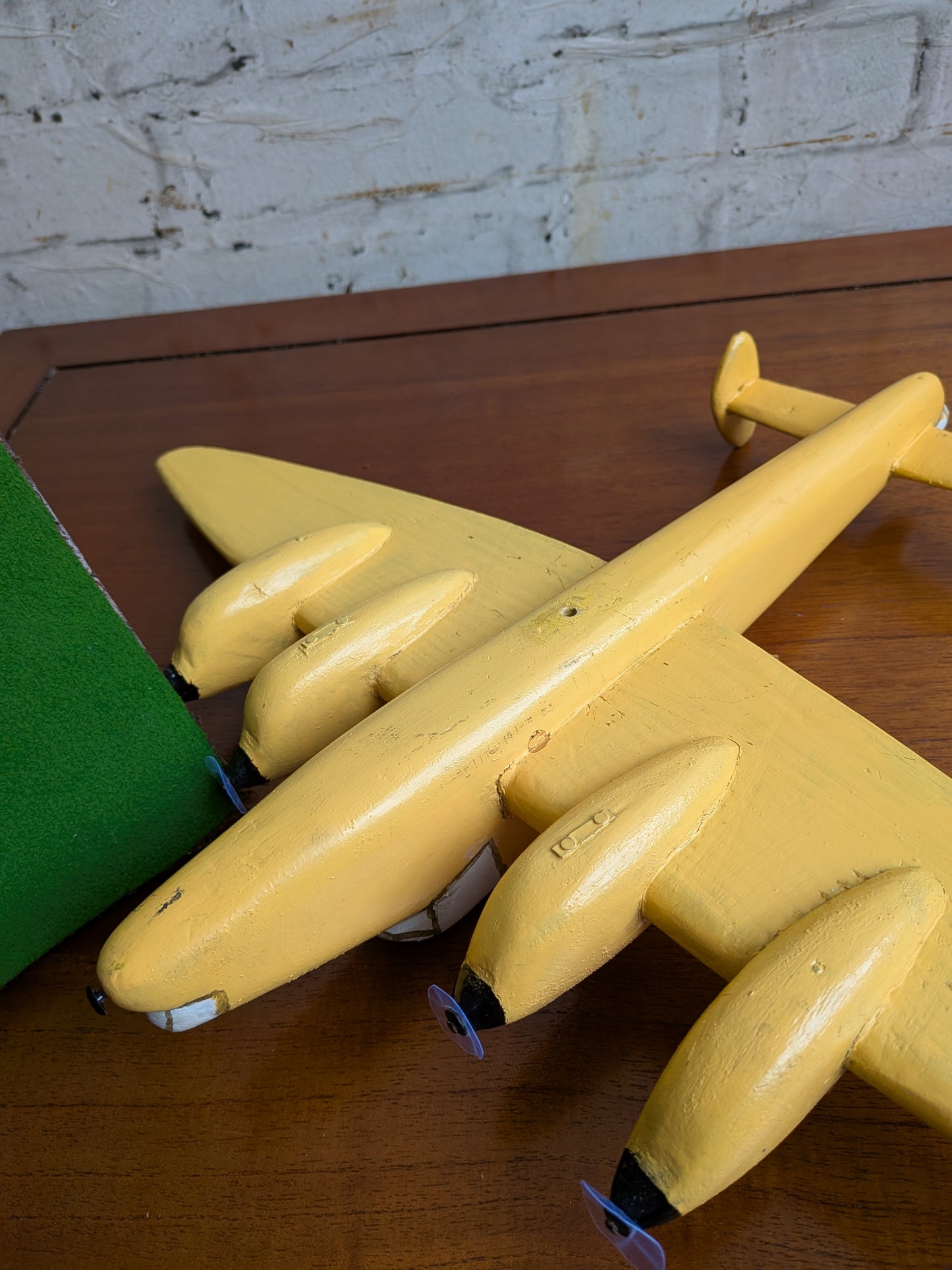 Vintage 50s 60s Folk Art Hand Painted Wooden Lancaster Bomber Toy Model on Art Deco Base