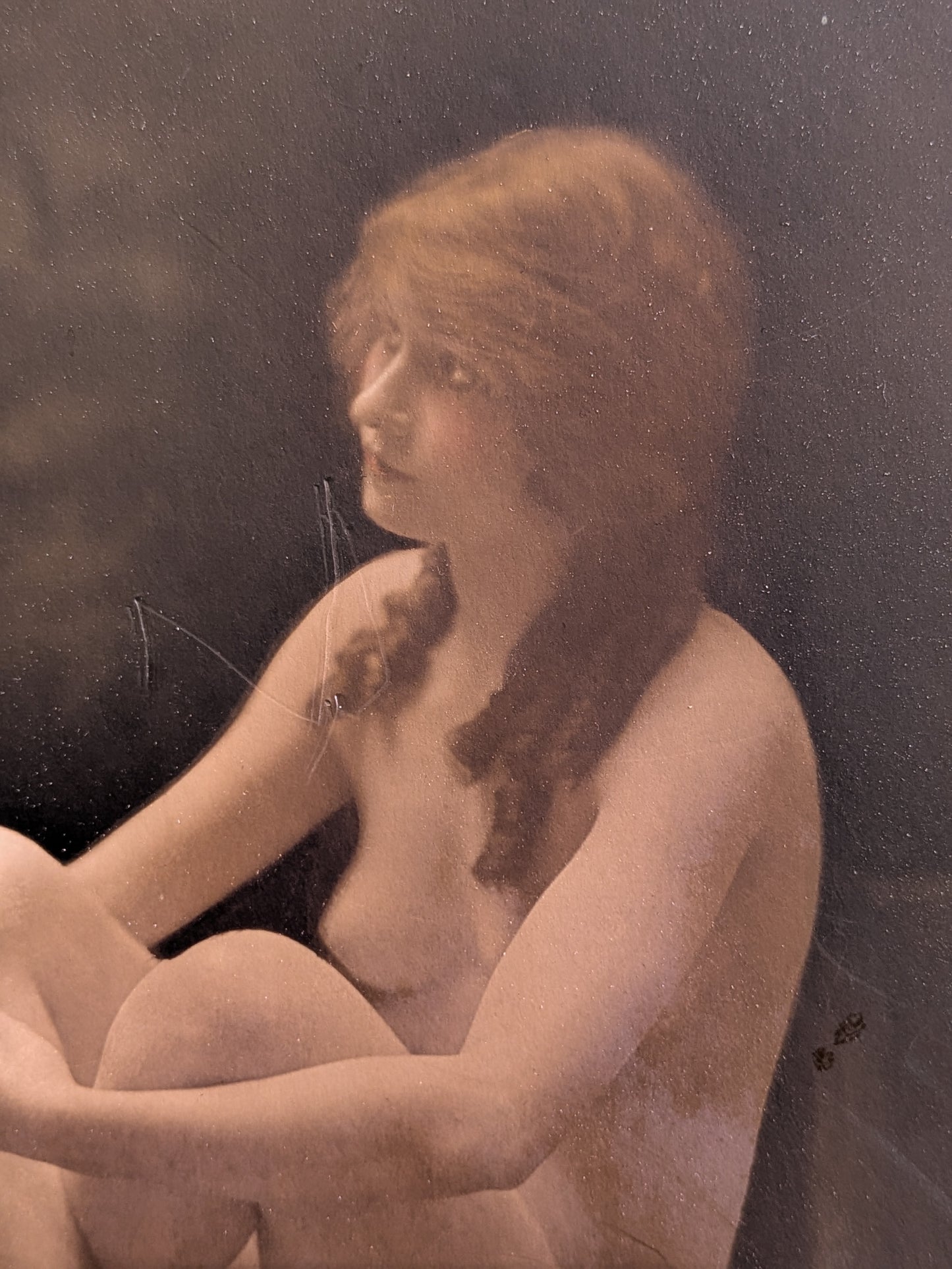 Antique Framed Hand Tinted Erotic Art Nude Seated Female Photograph