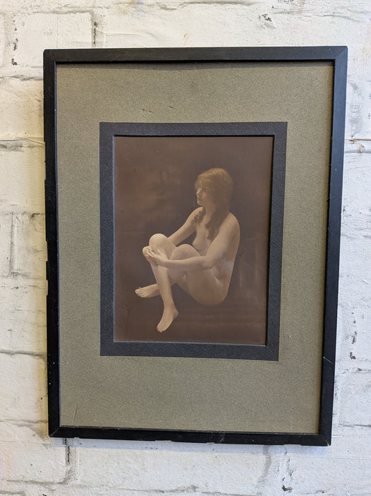 Antique Framed Hand Tinted Erotic Art Nude Seated Female Photograph