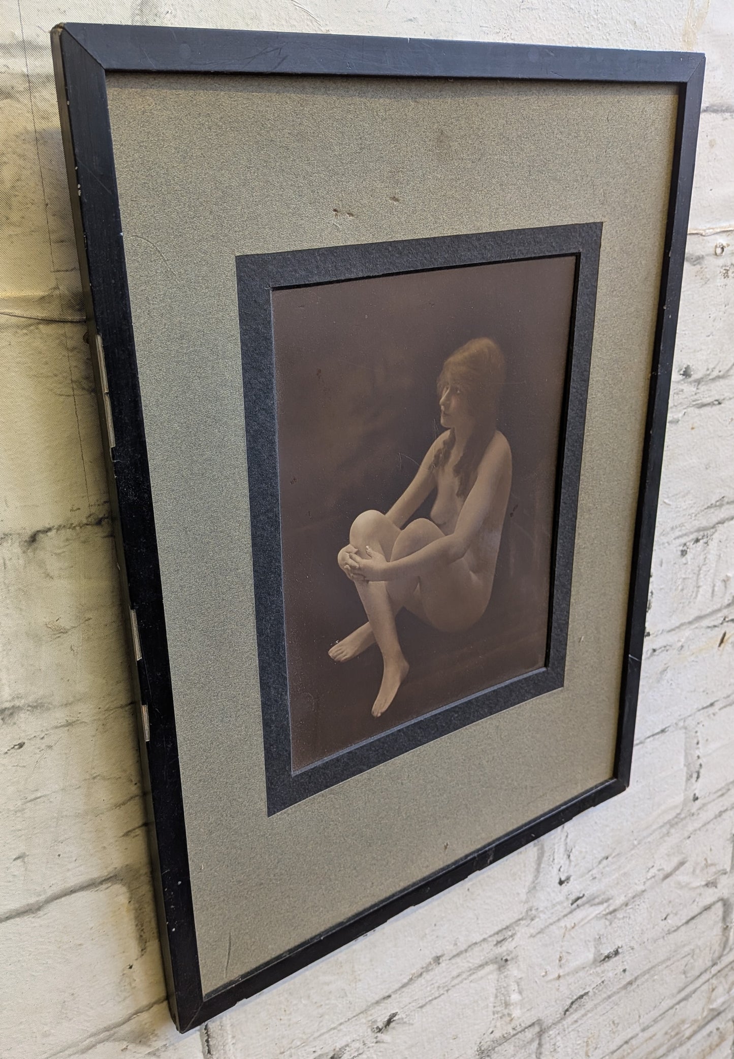 Antique Framed Hand Tinted Erotic Art Nude Seated Female Photograph