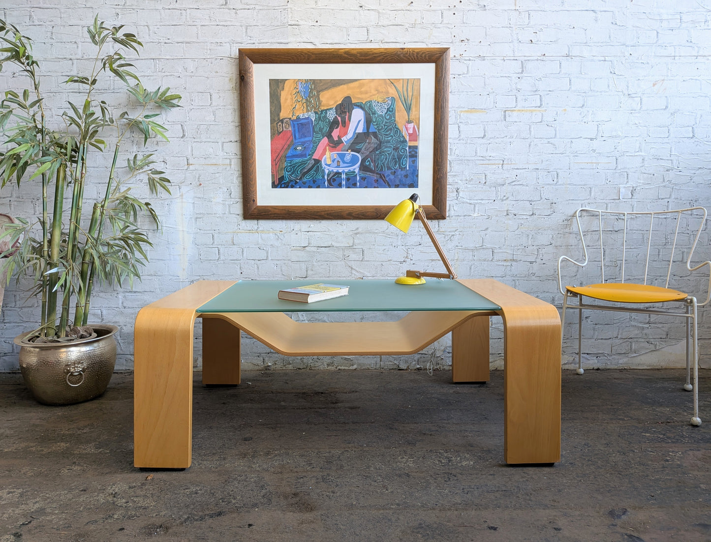 Large Vintage Modernist Style Ekornes Stressless Pegasus Bentwood and Glass Coffee Table with Magazine Rack