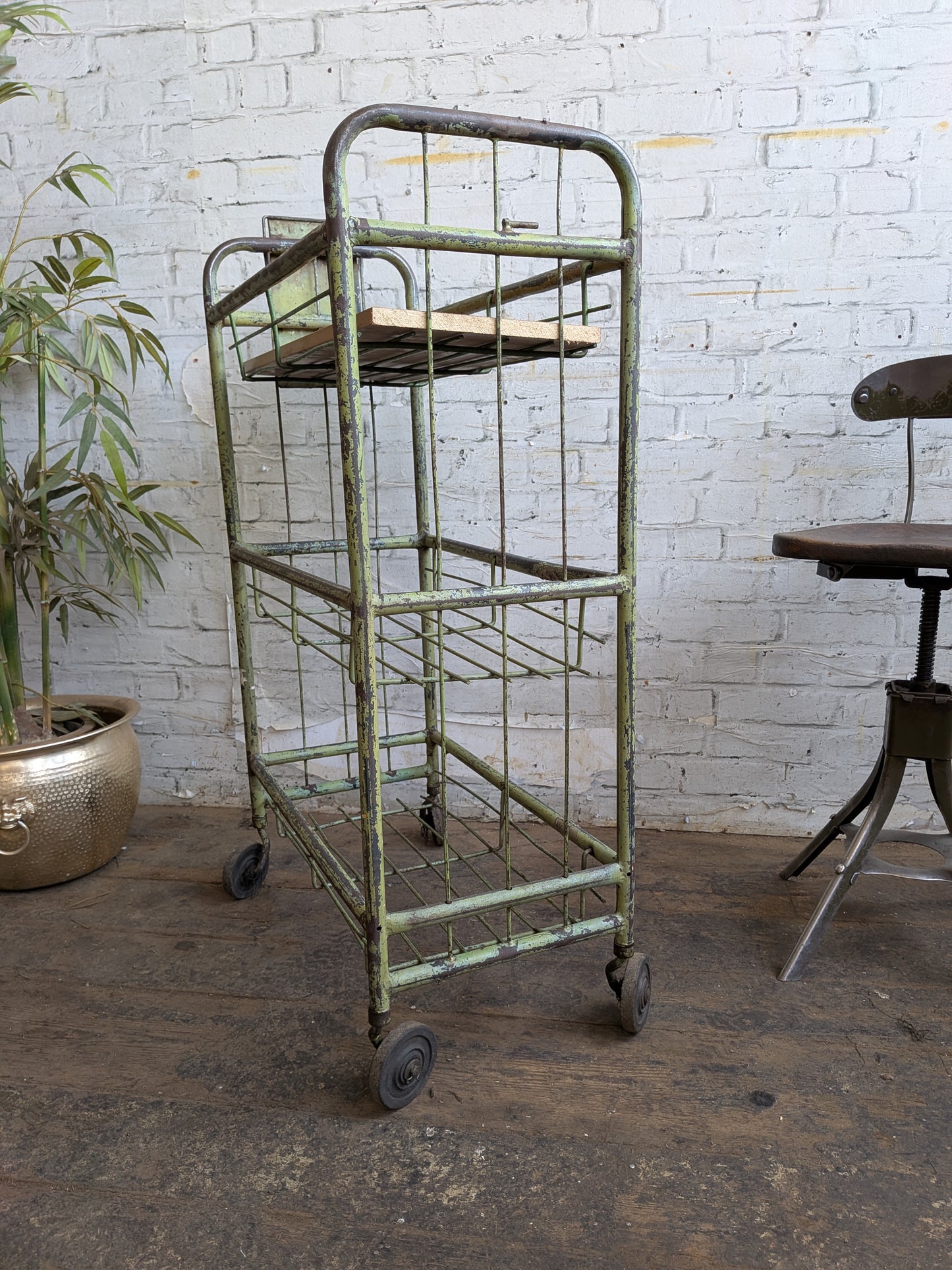 1 x Vintage 50s Mid Century Industrial Factory Steel Book Shelf Shelving Storage Trolley