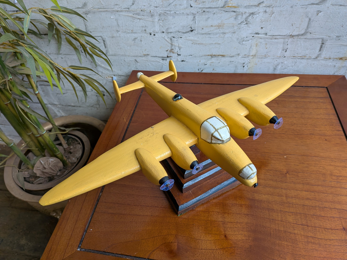 Vintage 50s 60s Folk Art Hand Painted Wooden Lancaster Bomber Toy Model on Art Deco Base