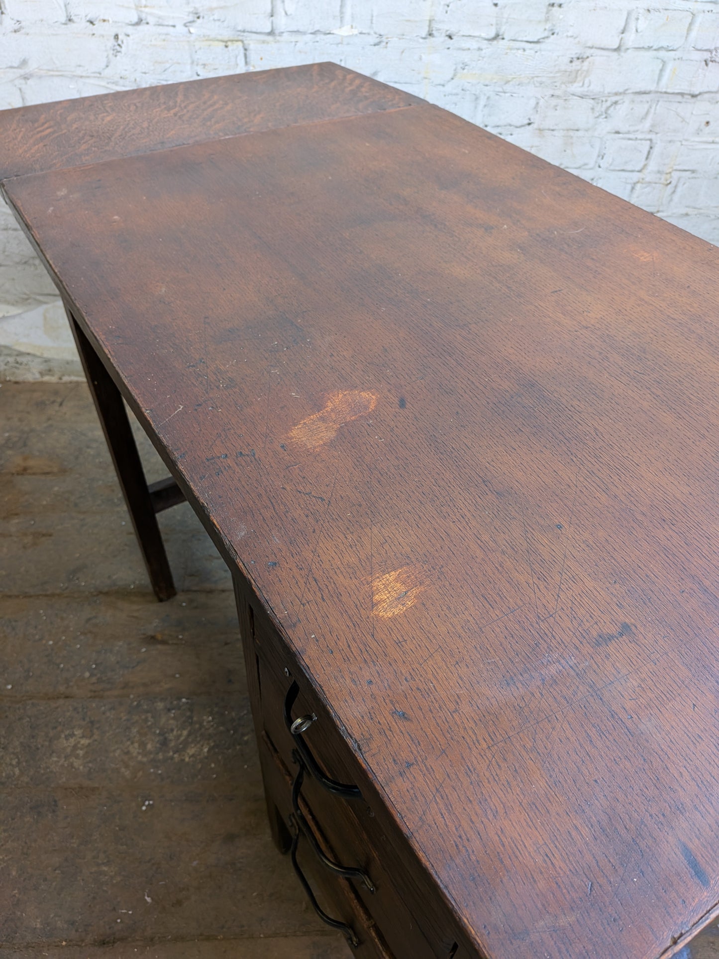 Small Vintage 40s 50s Oak 3 Drawer Extending Industrial Factory Pedestal Desk