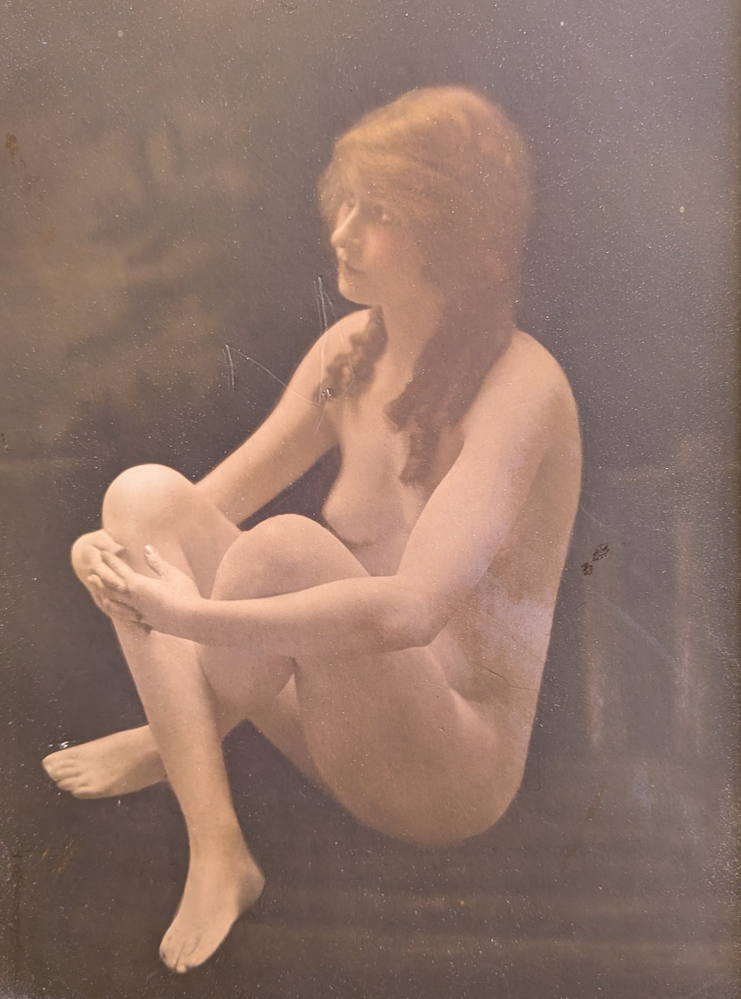 Antique Framed Hand Tinted Erotic Art Nude Seated Female Photograph
