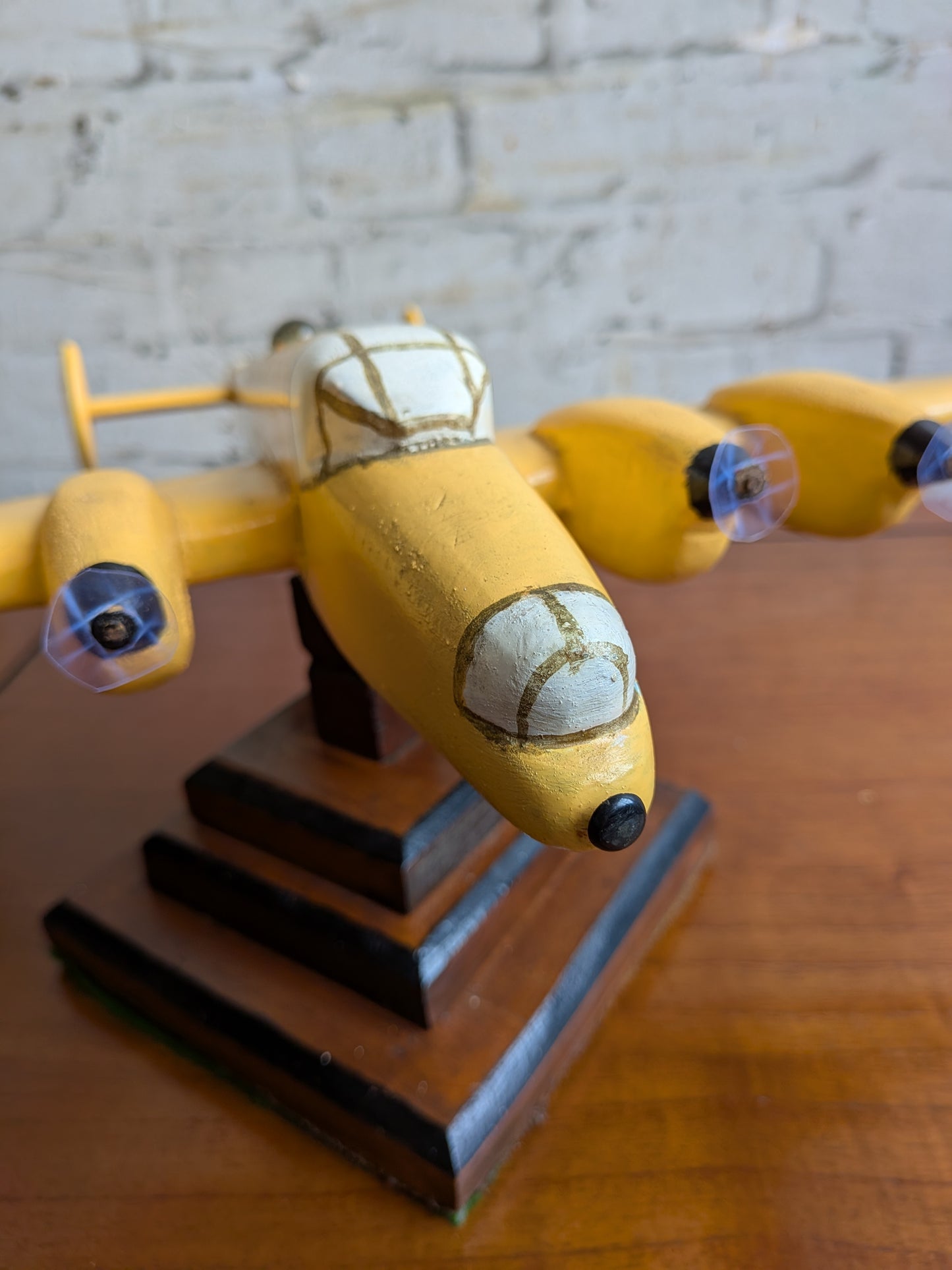 Vintage 50s 60s Folk Art Hand Painted Wooden Lancaster Bomber Toy Model on Art Deco Base
