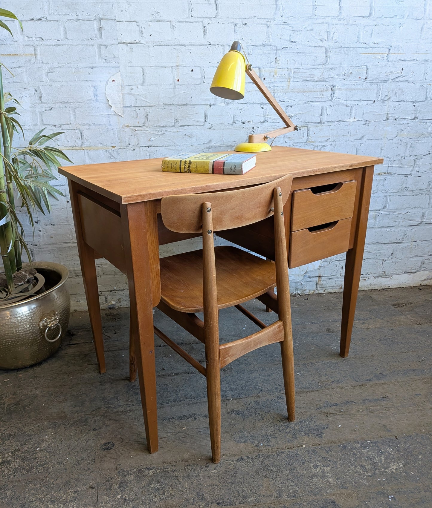 Small Vintage 1960s Mid Century Modern 2 Drawer Desk with Matching Chair