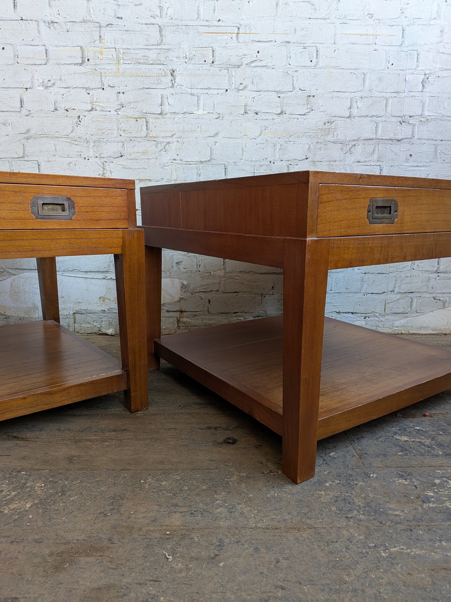 2 x Large Vintage Military Campaign Style Side Sofa Coffee Tables with Drawers