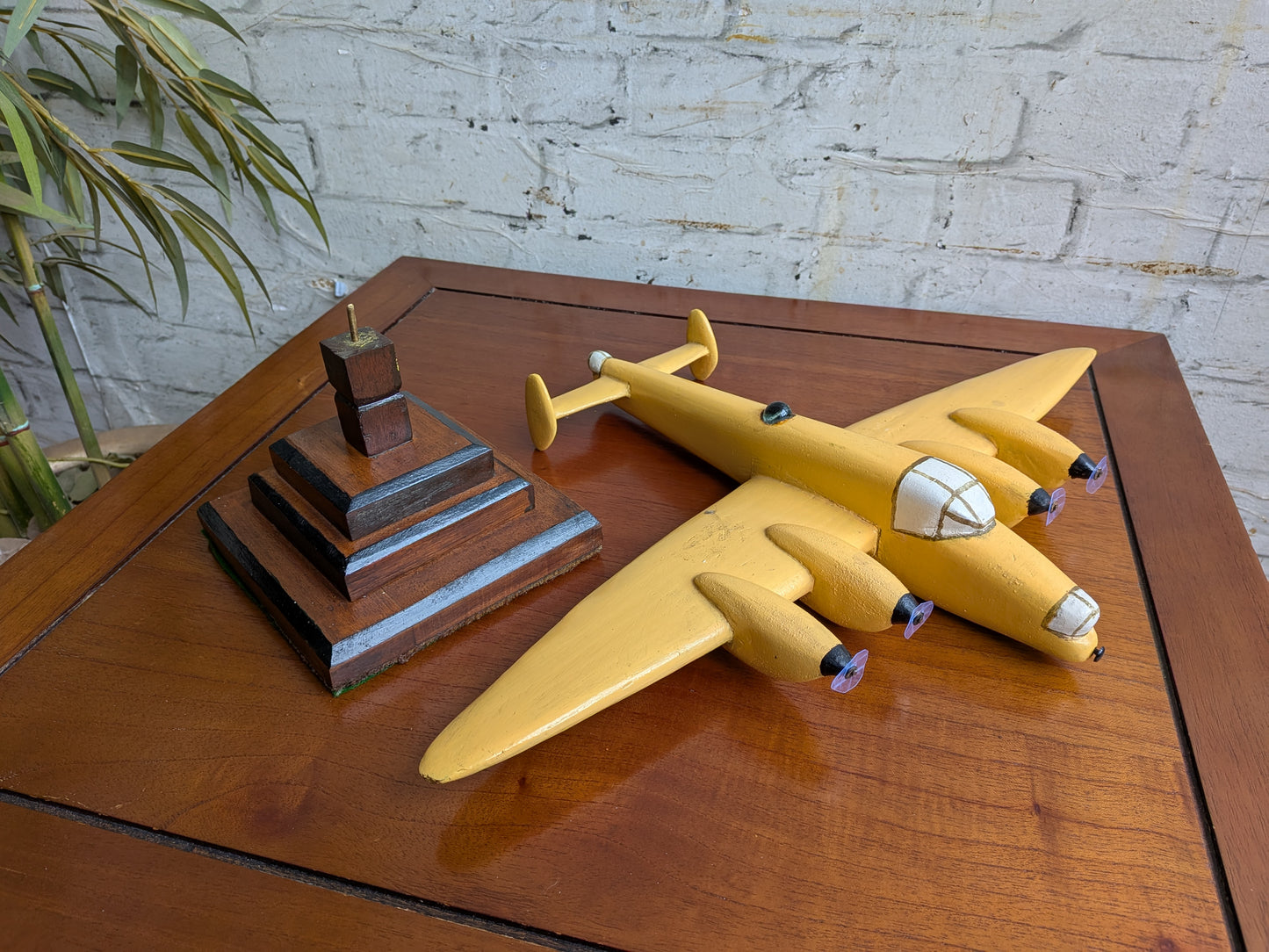 Vintage 50s 60s Folk Art Hand Painted Wooden Lancaster Bomber Toy Model on Art Deco Base