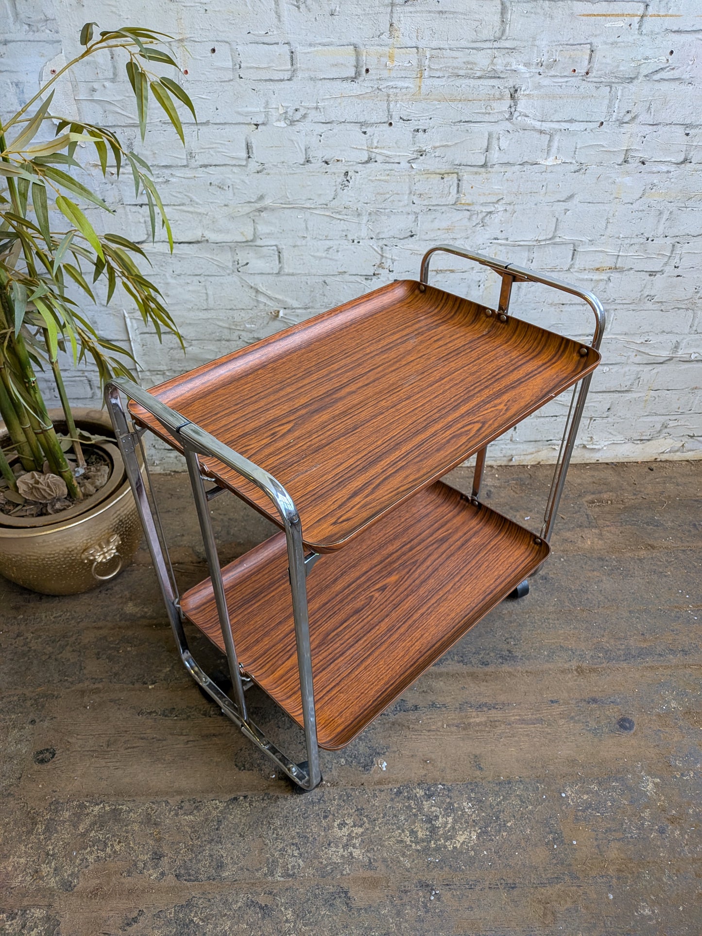 Vintage Retro 1970s Mid Century Modern Formica & Chrome Folding Cocktail Bar Drinks Books Table Trolley.