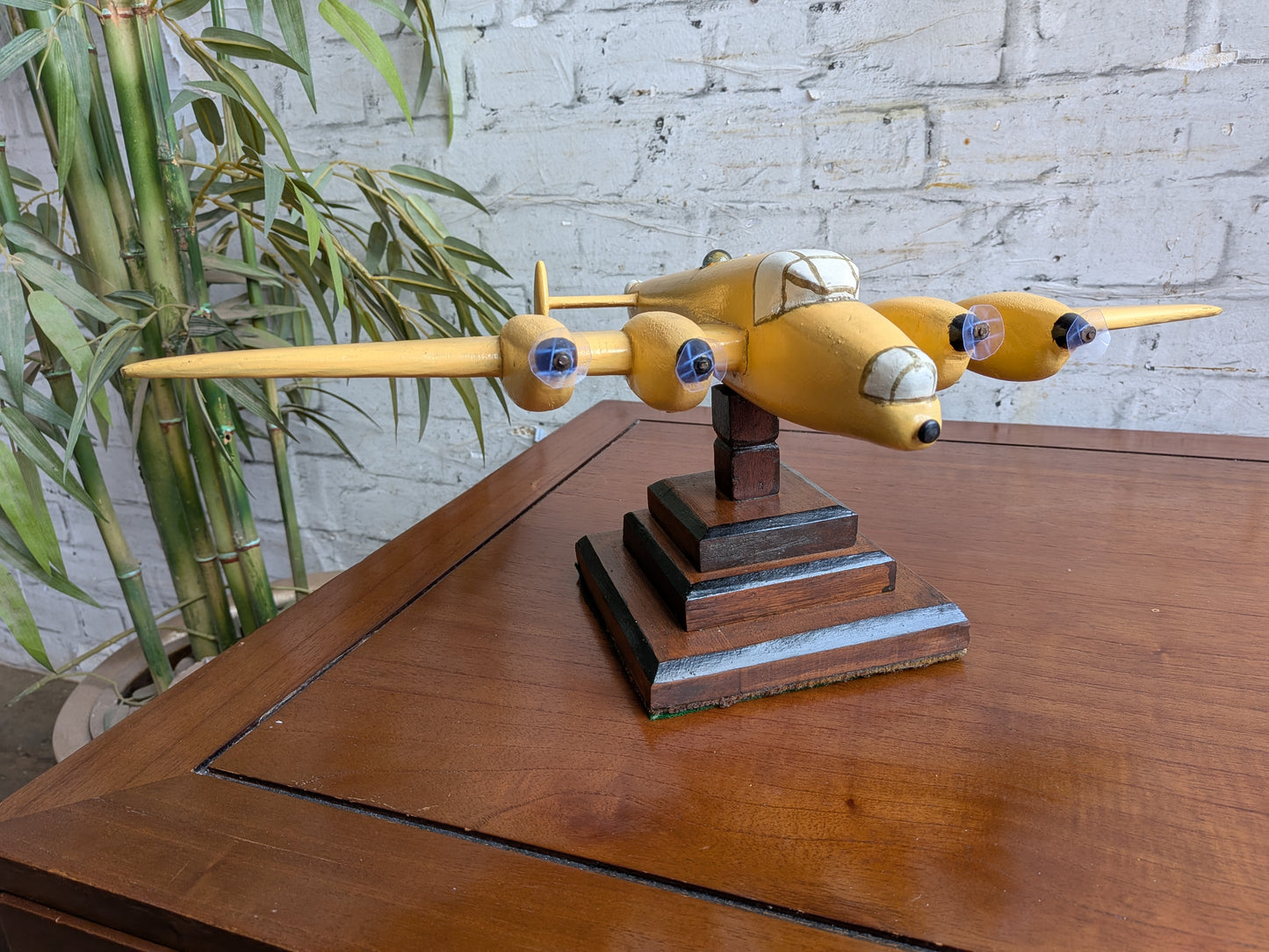 Vintage 50s 60s Folk Art Hand Painted Wooden Lancaster Bomber Toy Model on Art Deco Base