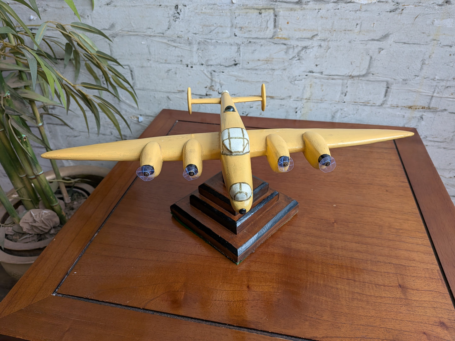 Vintage 50s 60s Folk Art Hand Painted Wooden Lancaster Bomber Toy Model on Art Deco Base