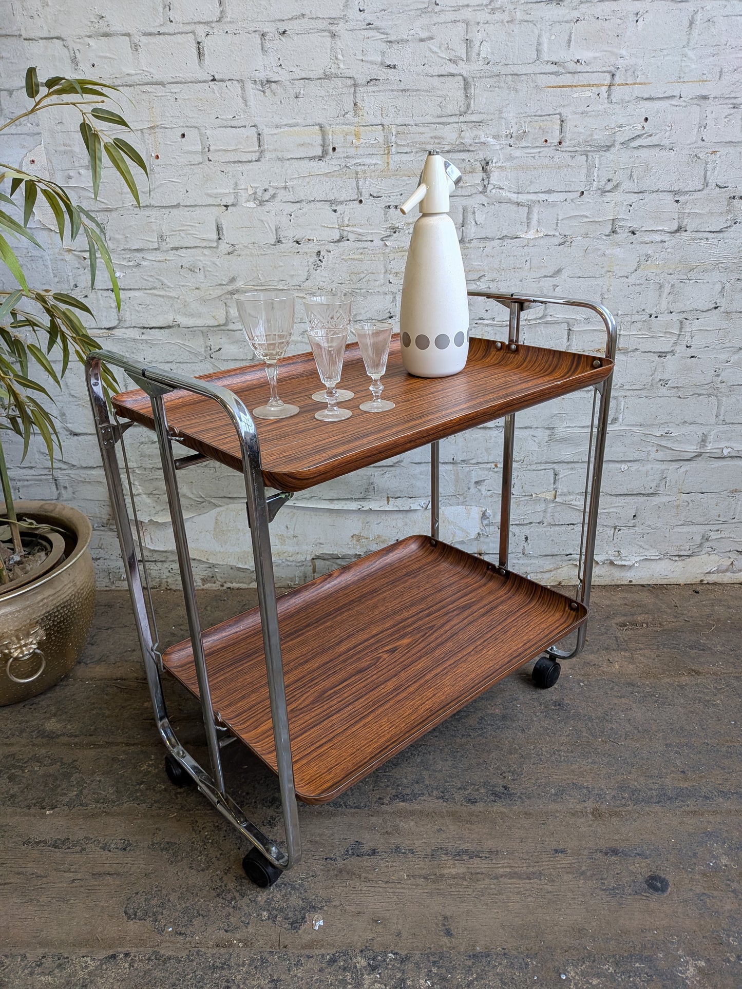 Vintage Retro 1970s Mid Century Modern Formica & Chrome Folding Cocktail Bar Drinks Books Table Trolley.