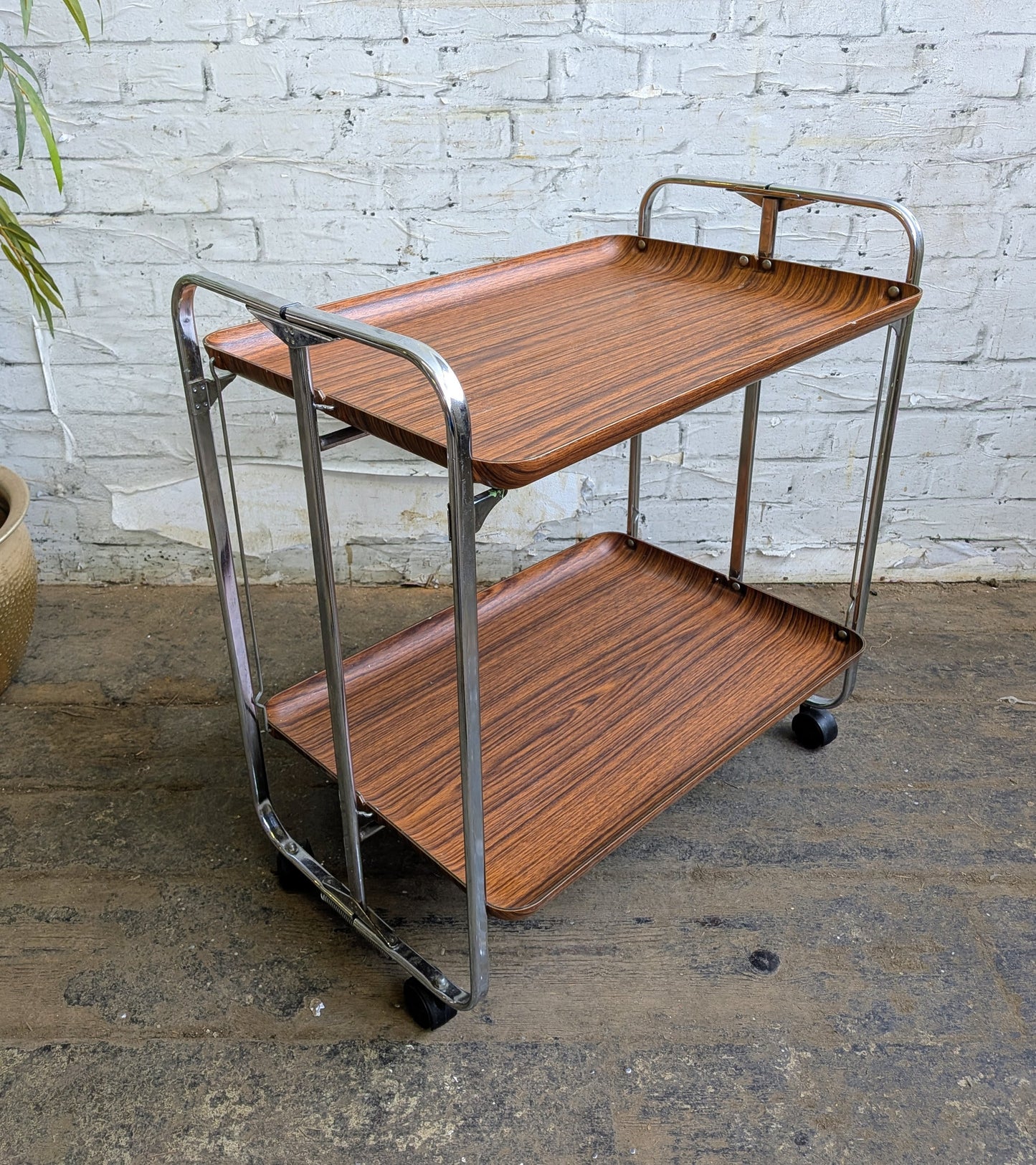 Vintage Retro 1970s Mid Century Modern Formica & Chrome Folding Cocktail Bar Drinks Books Table Trolley.