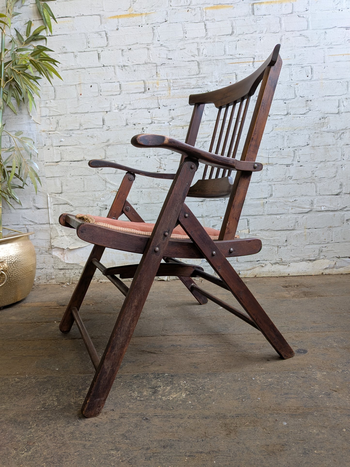 Antique Edwardian Campaign Style Mahogany Folding Chair Hall Bedroom Armchair