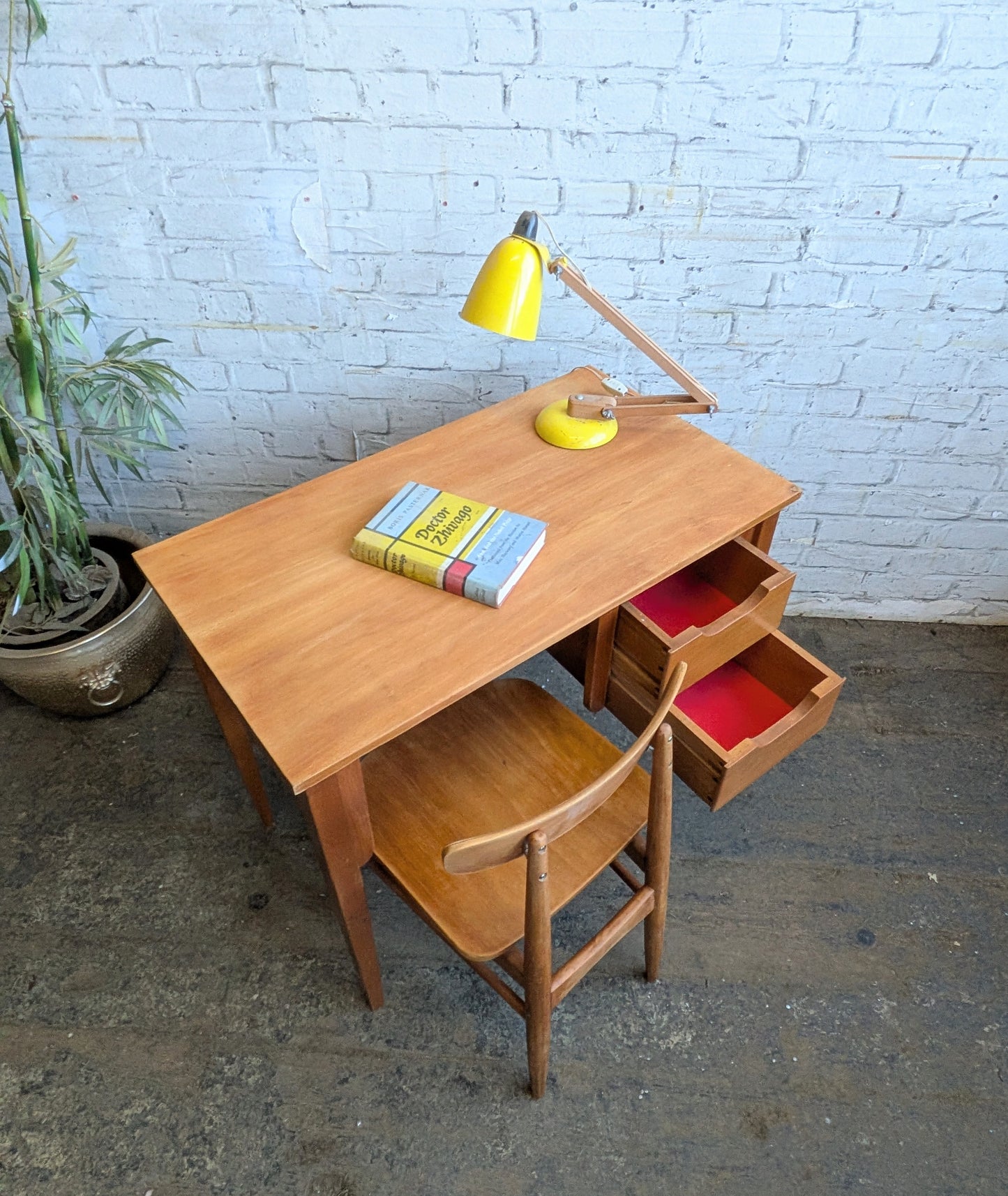 Small Vintage 1960s Mid Century Modern 2 Drawer Desk with Matching Chair