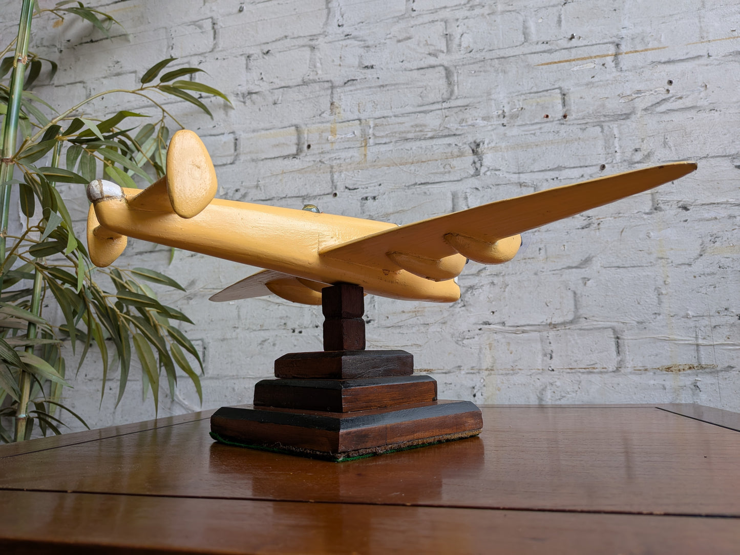 Vintage 50s 60s Folk Art Hand Painted Wooden Lancaster Bomber Toy Model on Art Deco Base