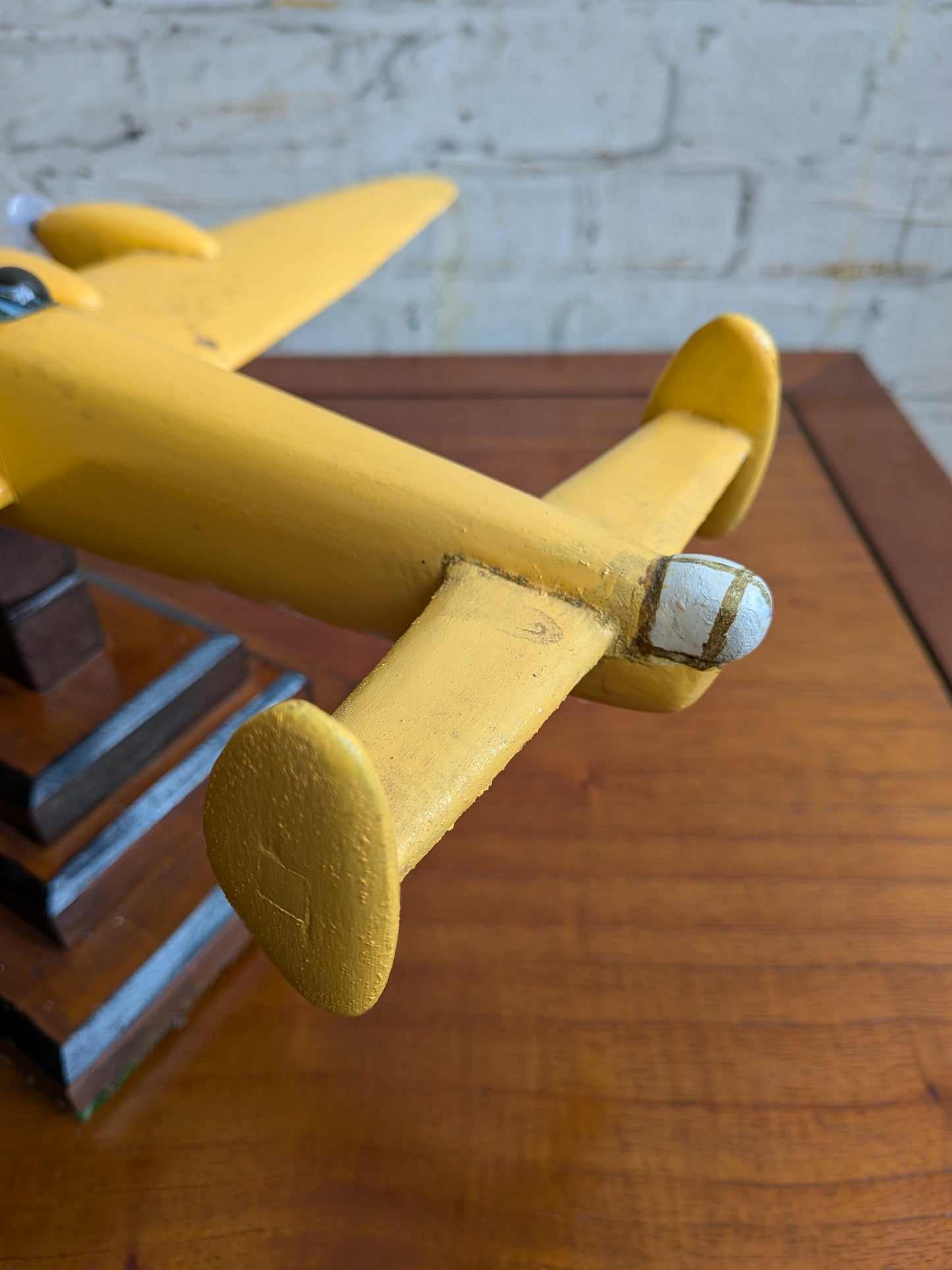 Vintage 50s 60s Folk Art Hand Painted Wooden Lancaster Bomber Toy Model on Art Deco Base