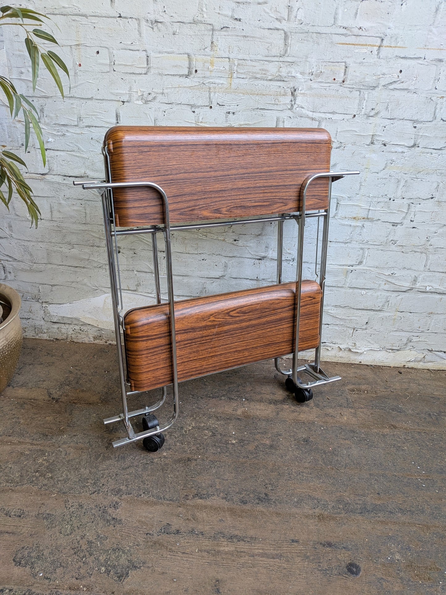 Vintage Retro 1970s Mid Century Modern Formica & Chrome Folding Cocktail Bar Drinks Books Table Trolley.