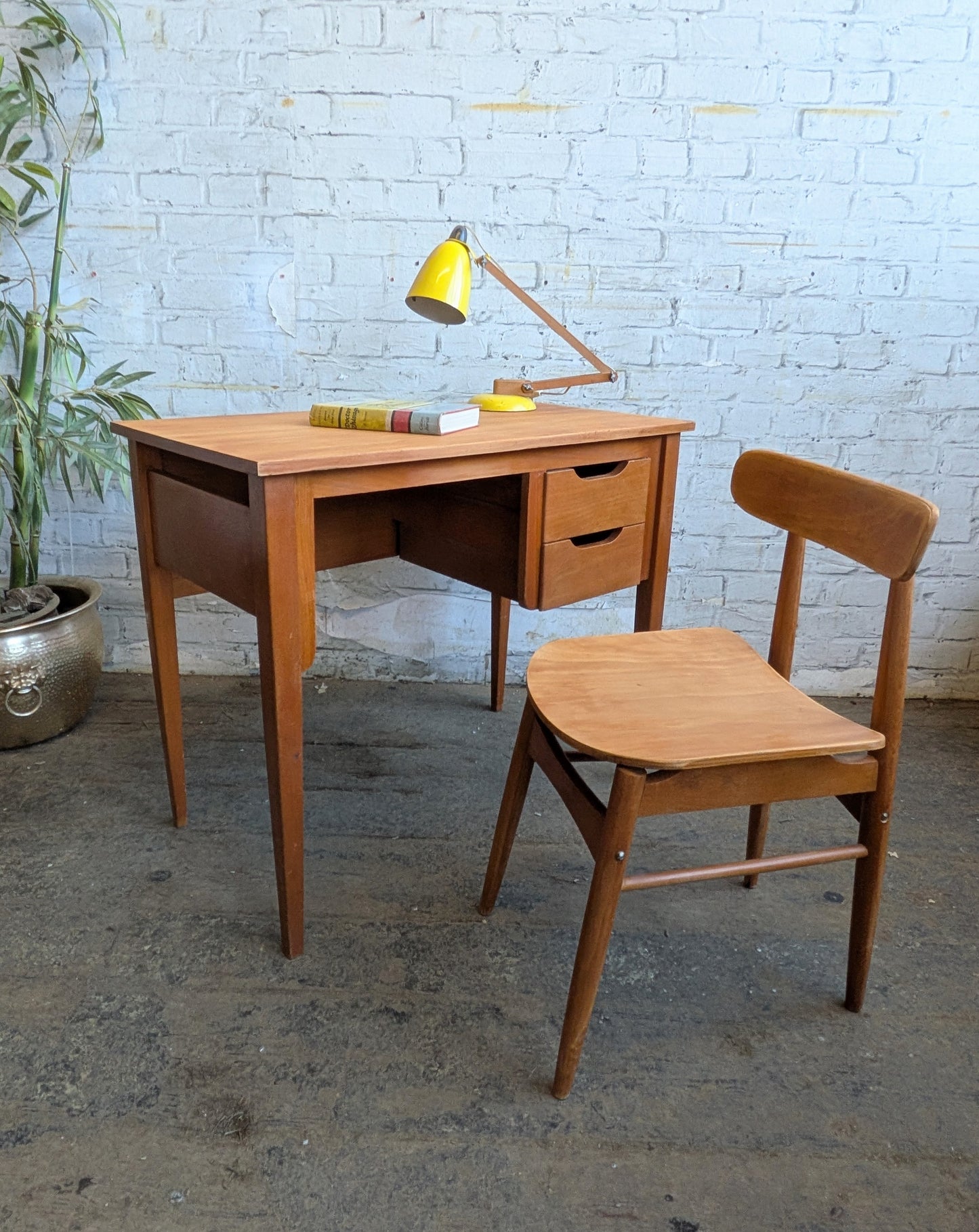 Small Vintage 1960s Mid Century Modern 2 Drawer Desk with Matching Chair