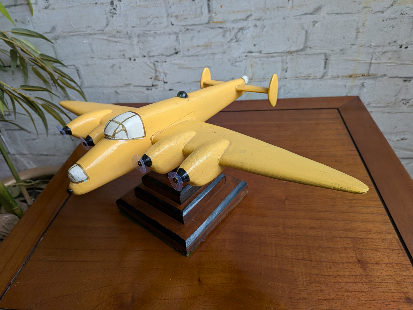 Vintage 50s 60s Folk Art Hand Painted Wooden Lancaster Bomber Toy Model on Art Deco Base