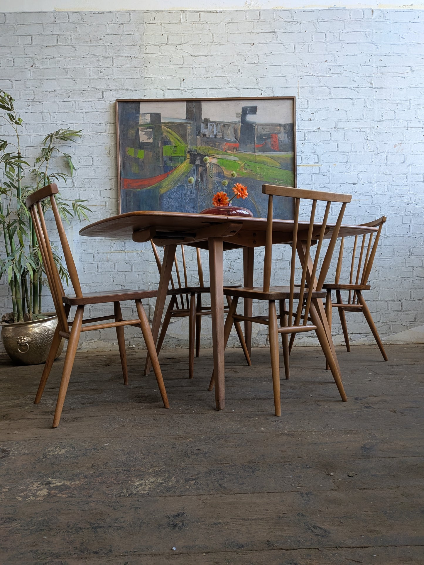 4 Mid Century Modern Ercol All Purpose Chairs and Ercol Drop Leaf Kitchen Bistro Cafe Dining Table