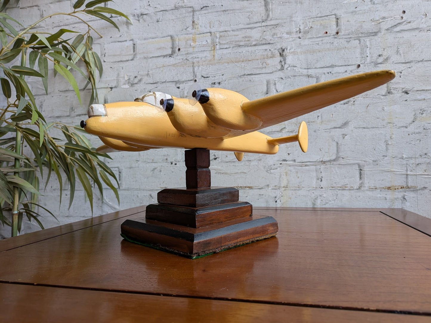 Vintage 50s 60s Folk Art Hand Painted Wooden Lancaster Bomber Toy Model on Art Deco Base