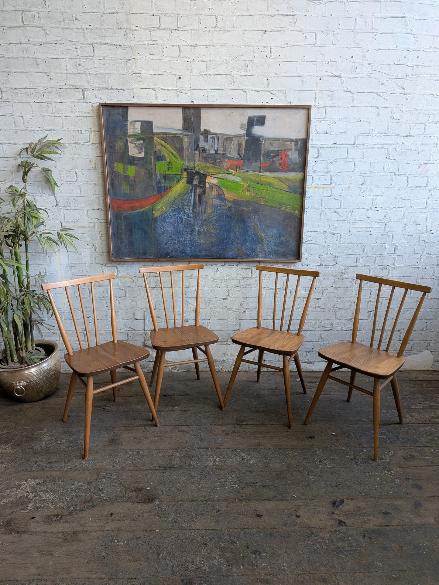 4 Mid Century Modern Ercol All Purpose Chairs and Ercol Drop Leaf Kitchen Bistro Cafe Dining Table
