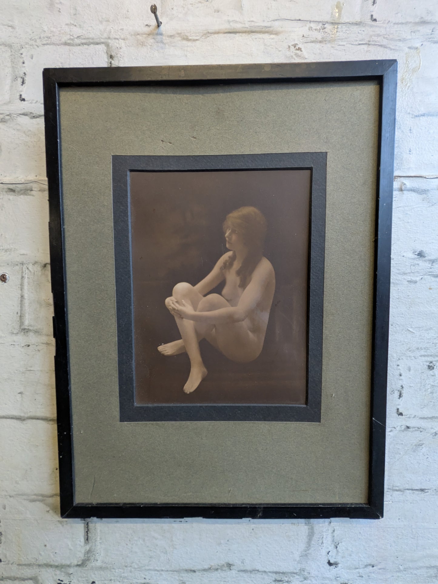 Antique Framed Hand Tinted Erotic Art Nude Seated Female Photograph