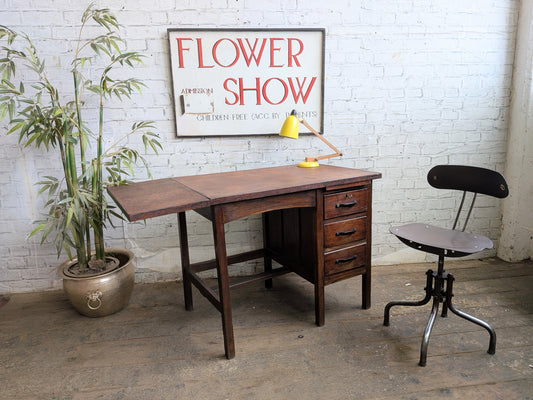 Small Vintage 40s 50s Oak 3 Drawer Extending Industrial Factory Pedestal Desk