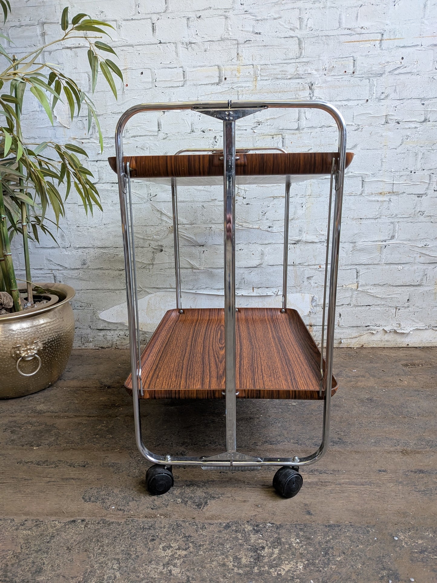 Vintage Retro 1970s Mid Century Modern Formica & Chrome Folding Cocktail Bar Drinks Books Table Trolley.