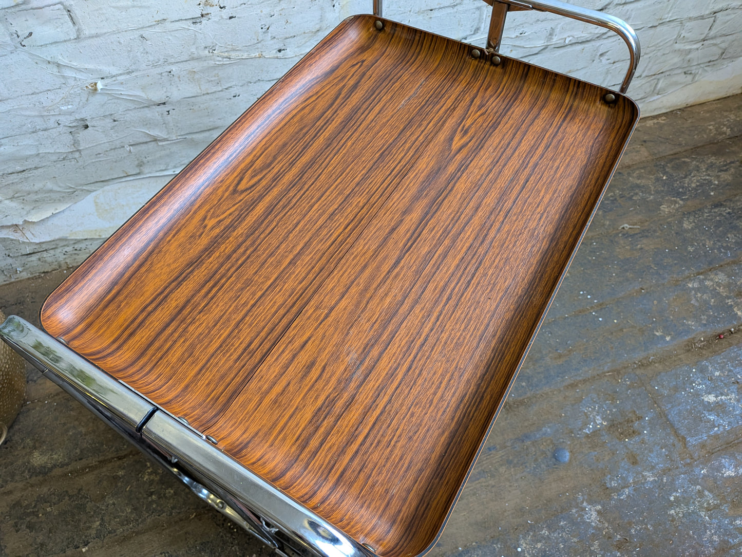 Vintage Retro 1970s Mid Century Modern Formica & Chrome Folding Cocktail Bar Drinks Books Table Trolley.