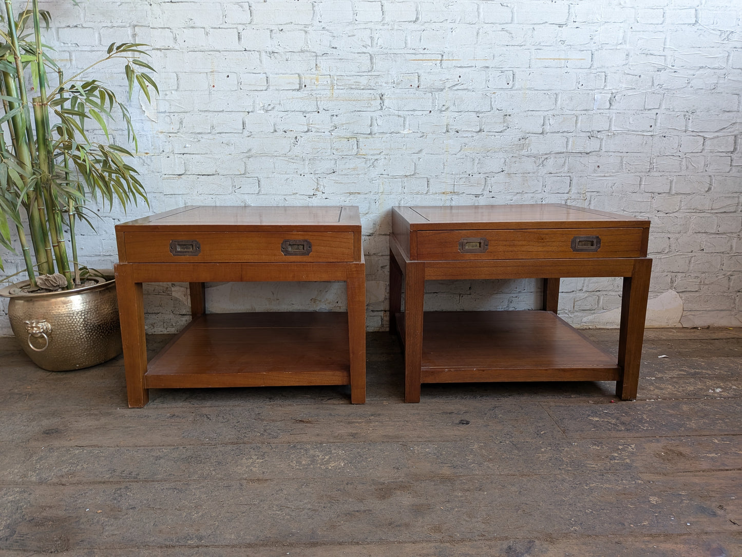 2 x Large Vintage Military Campaign Style Side Sofa Coffee Tables with Drawers