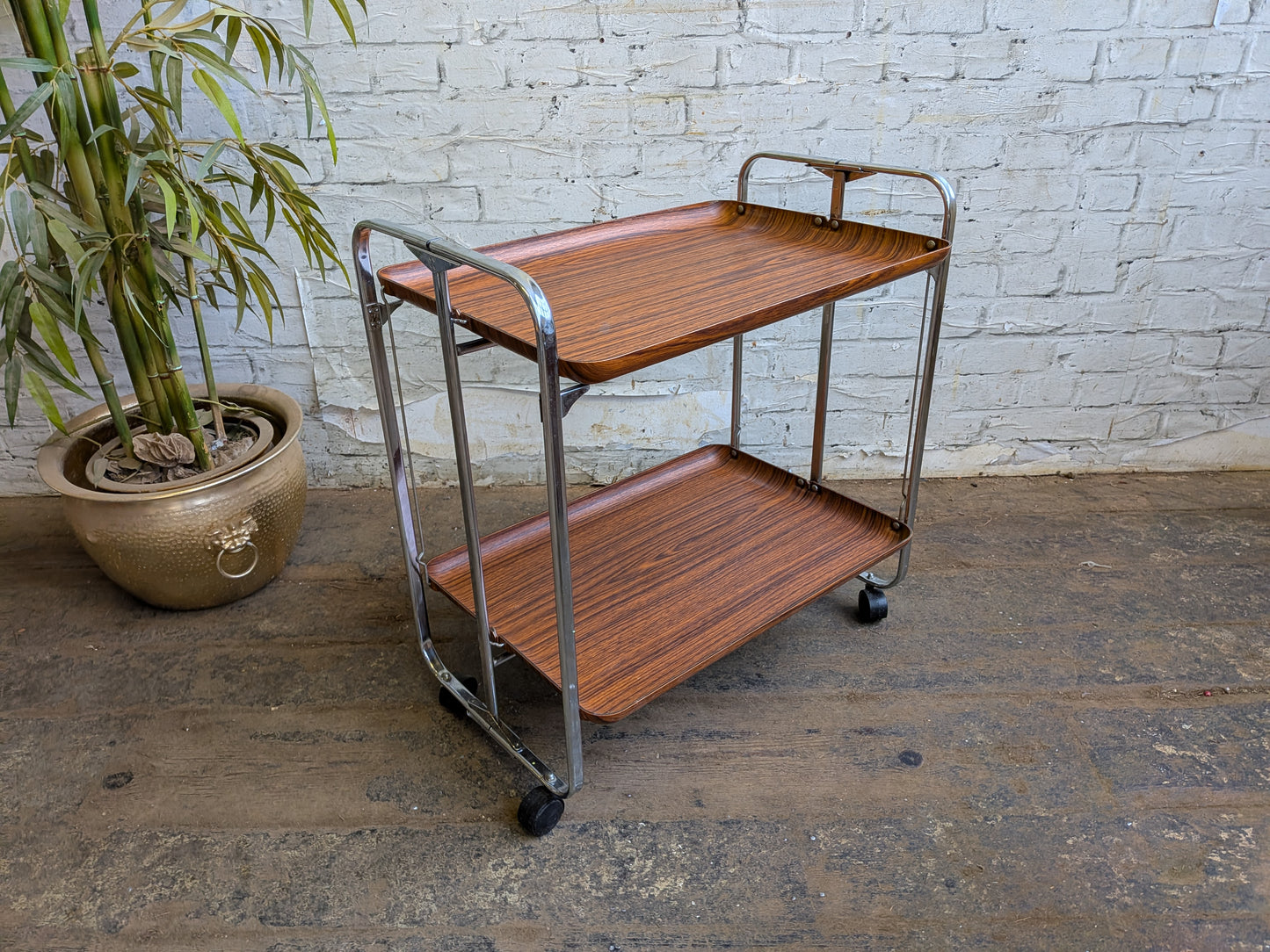 Vintage Retro 1970s Mid Century Modern Formica & Chrome Folding Cocktail Bar Drinks Books Table Trolley.