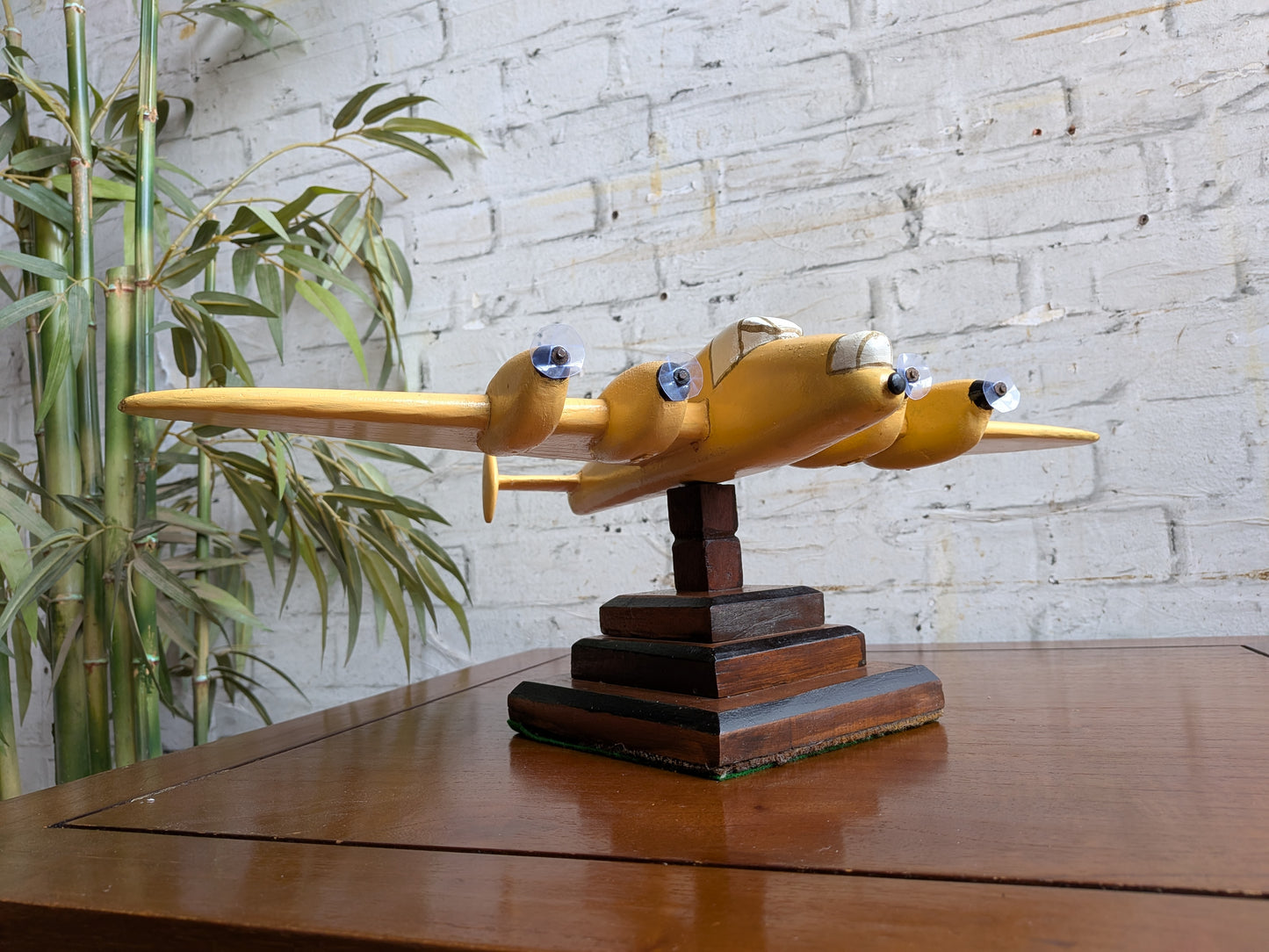 Vintage 50s 60s Folk Art Hand Painted Wooden Lancaster Bomber Toy Model on Art Deco Base