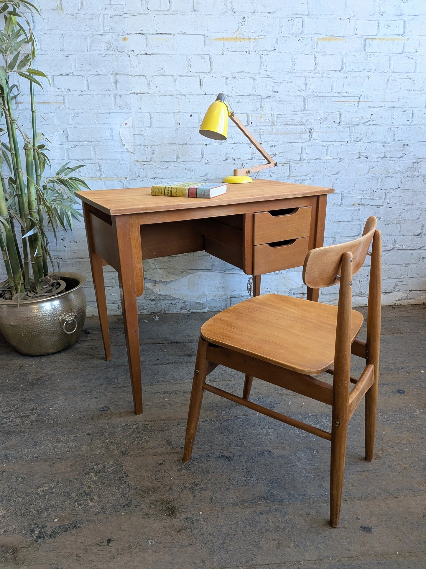 Small Vintage 1960s Mid Century Modern 2 Drawer Desk with Matching Chair