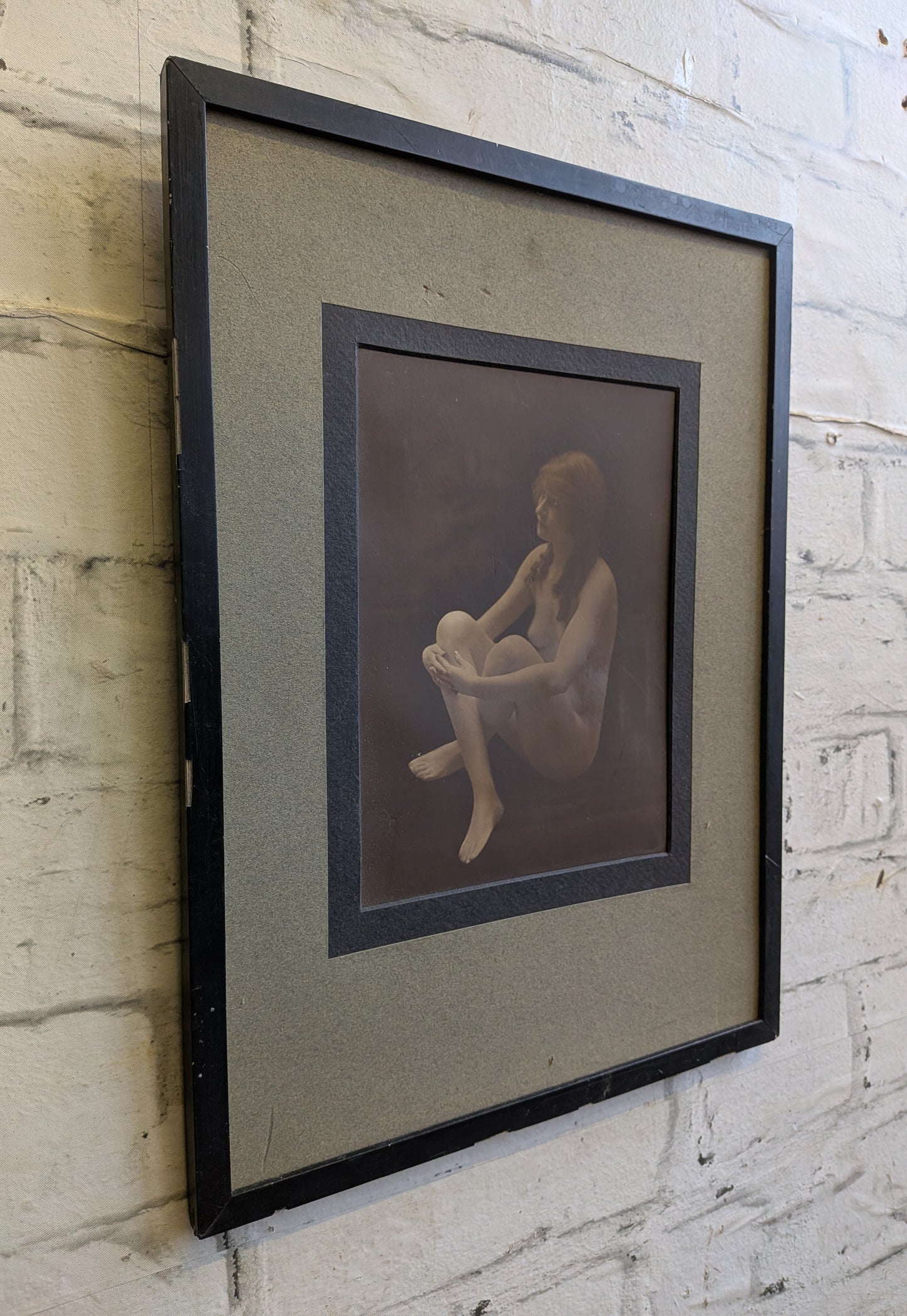 Antique Framed Hand Tinted Erotic Art Nude Seated Female Photograph