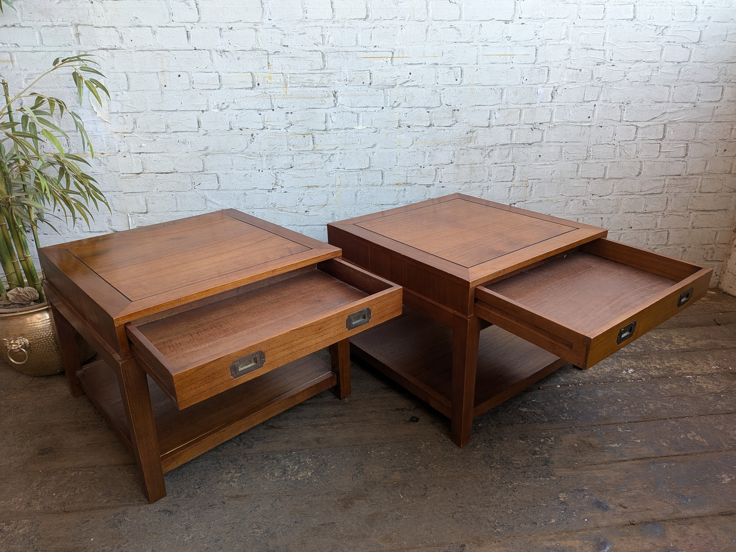 2 x Large Vintage Military Campaign Style Side Sofa Coffee Tables with Drawers