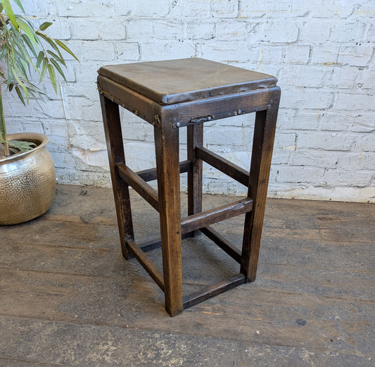 Vintage Oak Folk Art Industrial Factory Machinists Work Lab Stool With Leather Seat