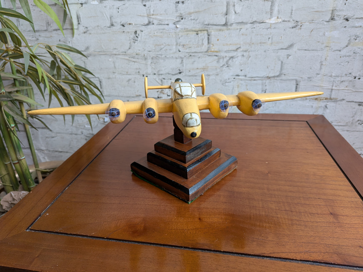Vintage 50s 60s Folk Art Hand Painted Wooden Lancaster Bomber Toy Model on Art Deco Base
