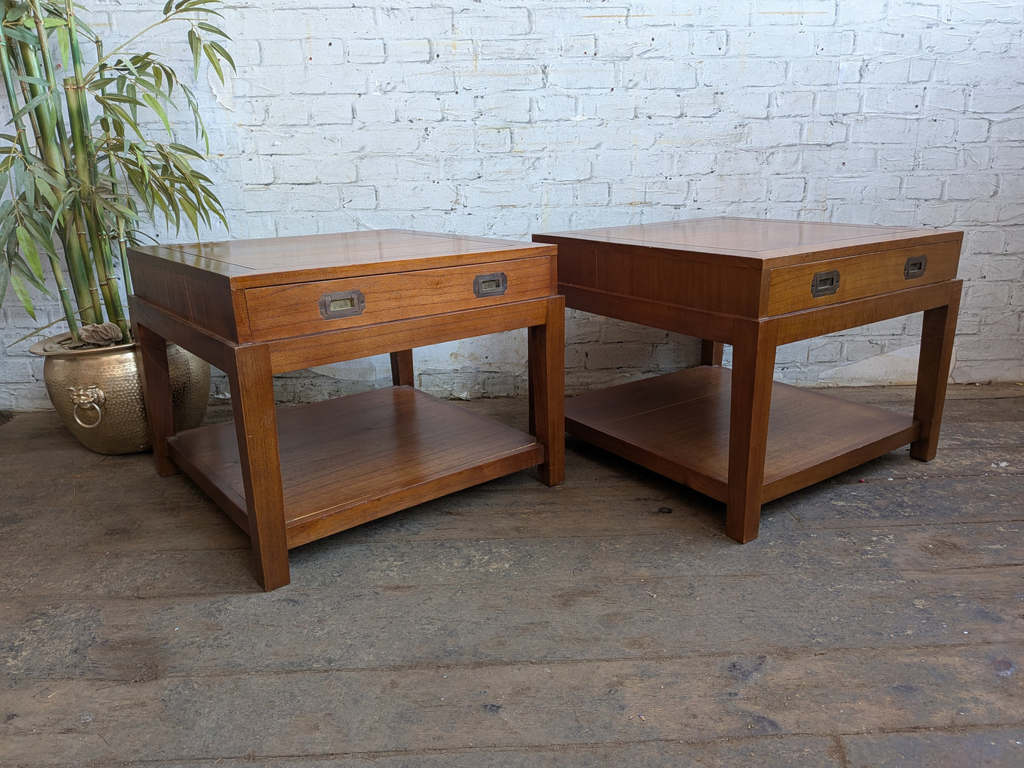 2 x Large Vintage Military Campaign Style Side Sofa Coffee Tables with Drawers