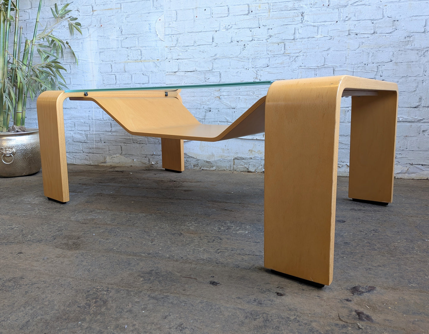 Large Vintage Modernist Style Ekornes Stressless Pegasus Bentwood and Glass Coffee Table with Magazine Rack