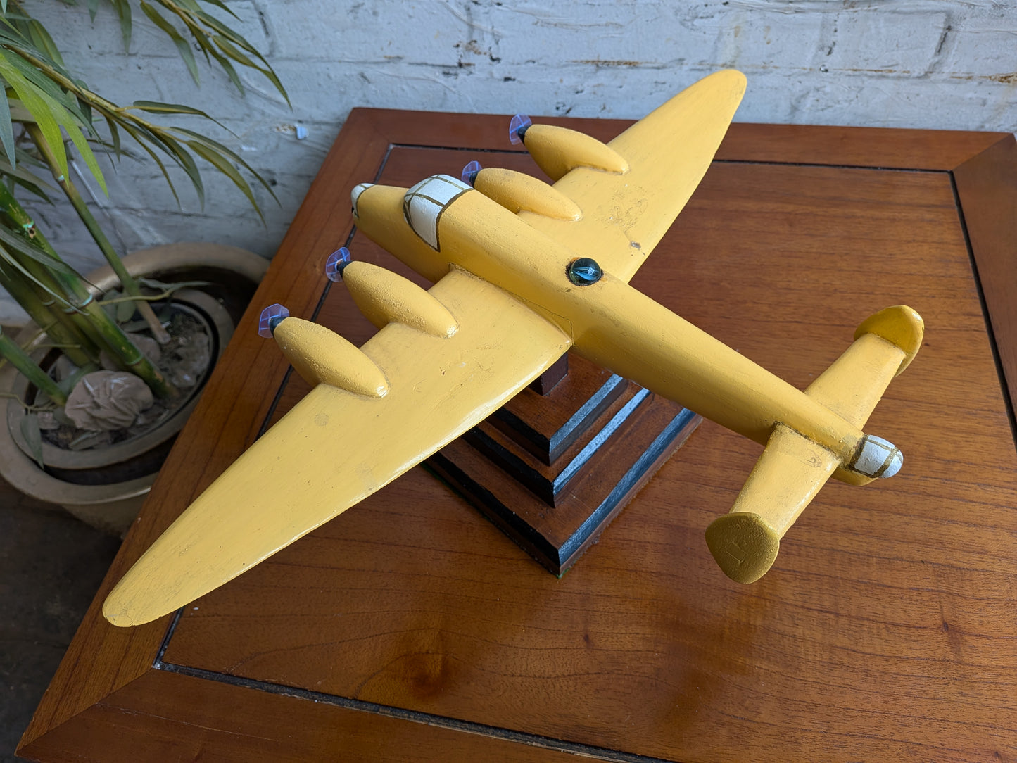 Vintage 50s 60s Folk Art Hand Painted Wooden Lancaster Bomber Toy Model on Art Deco Base