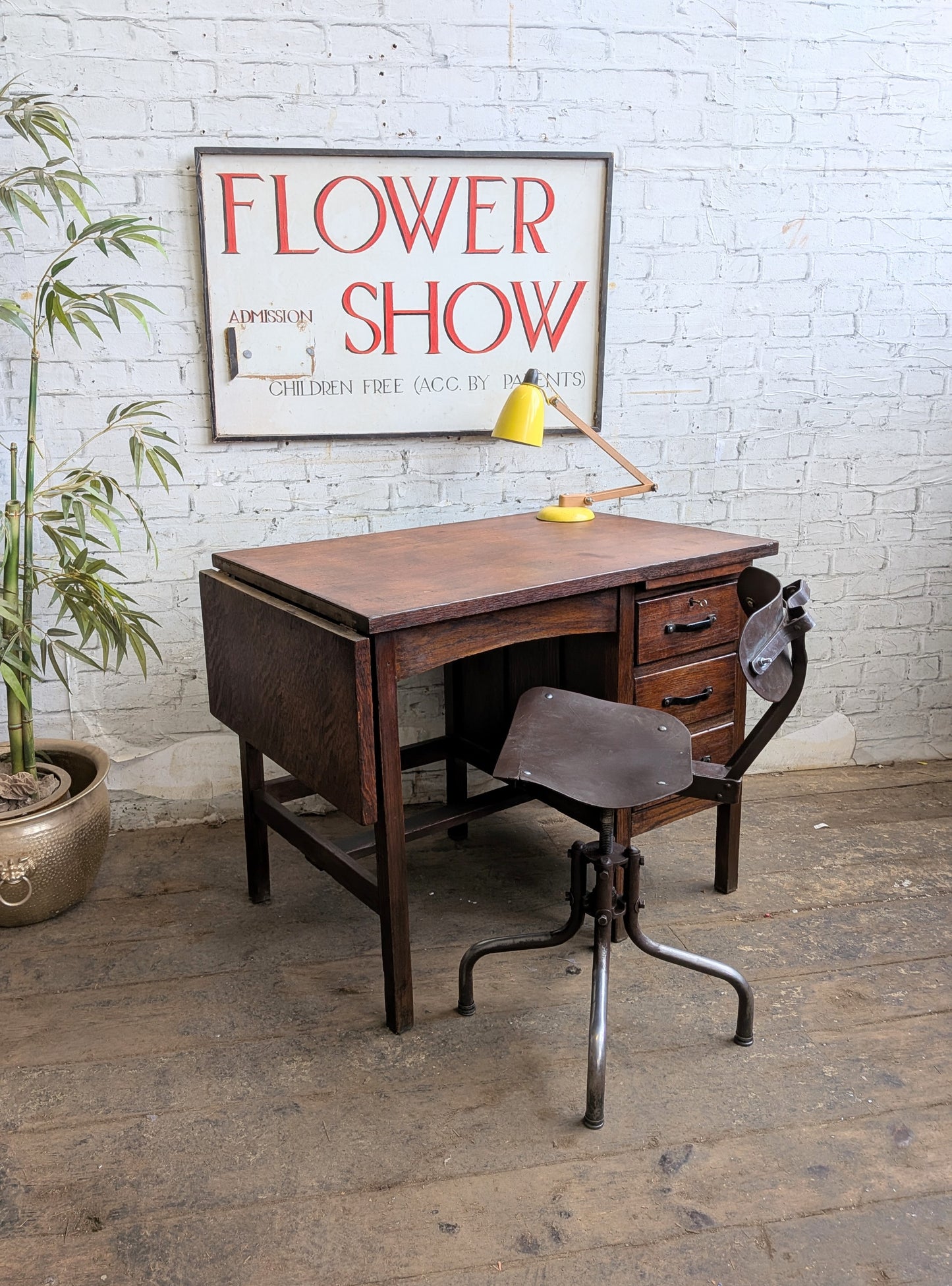 Small Vintage 40s 50s Oak 3 Drawer Extending Industrial Factory Pedestal Desk