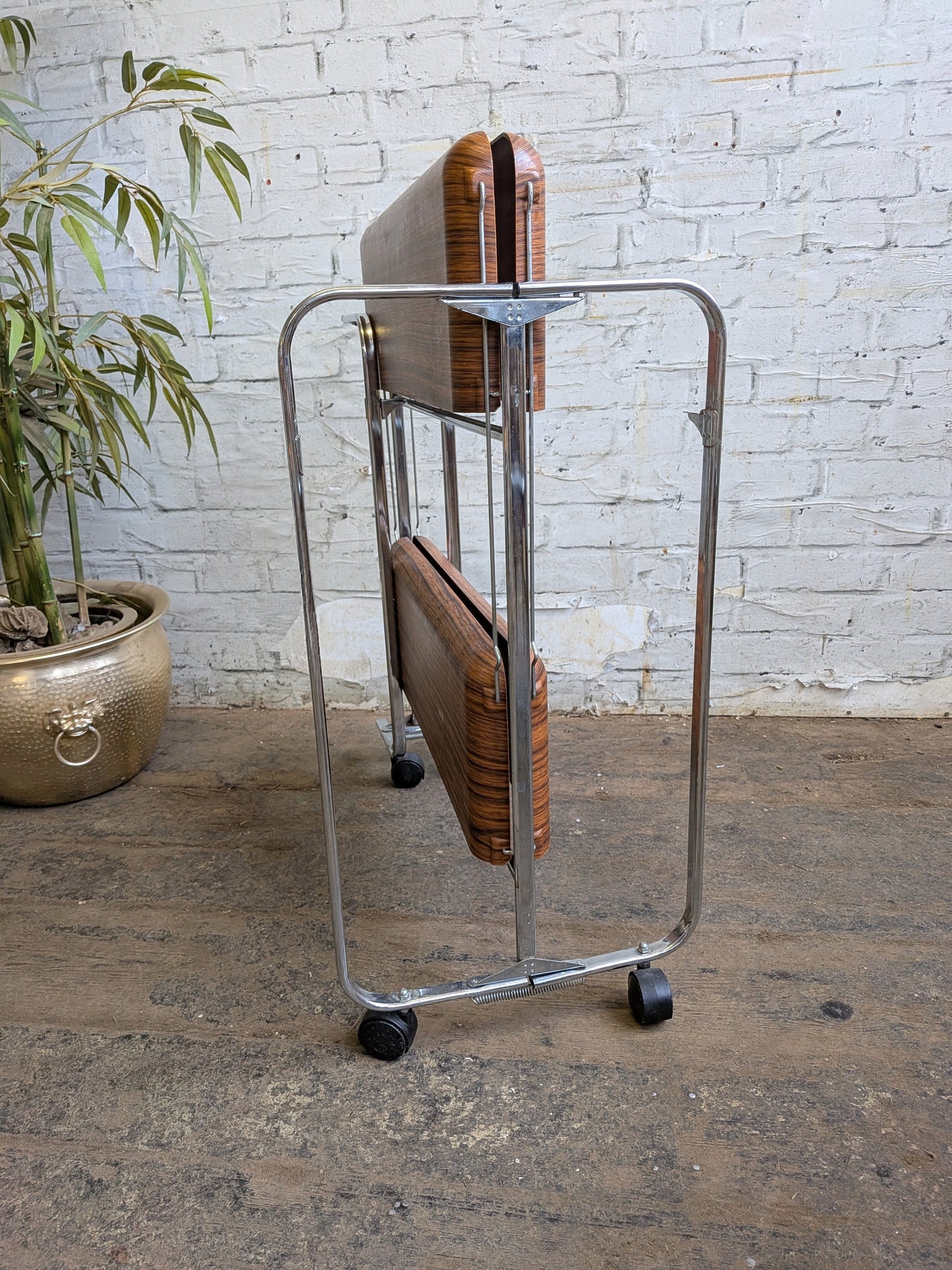 Vintage Retro 1970s Mid Century Modern Formica & Chrome Folding Cocktail Bar Drinks Books Table Trolley.