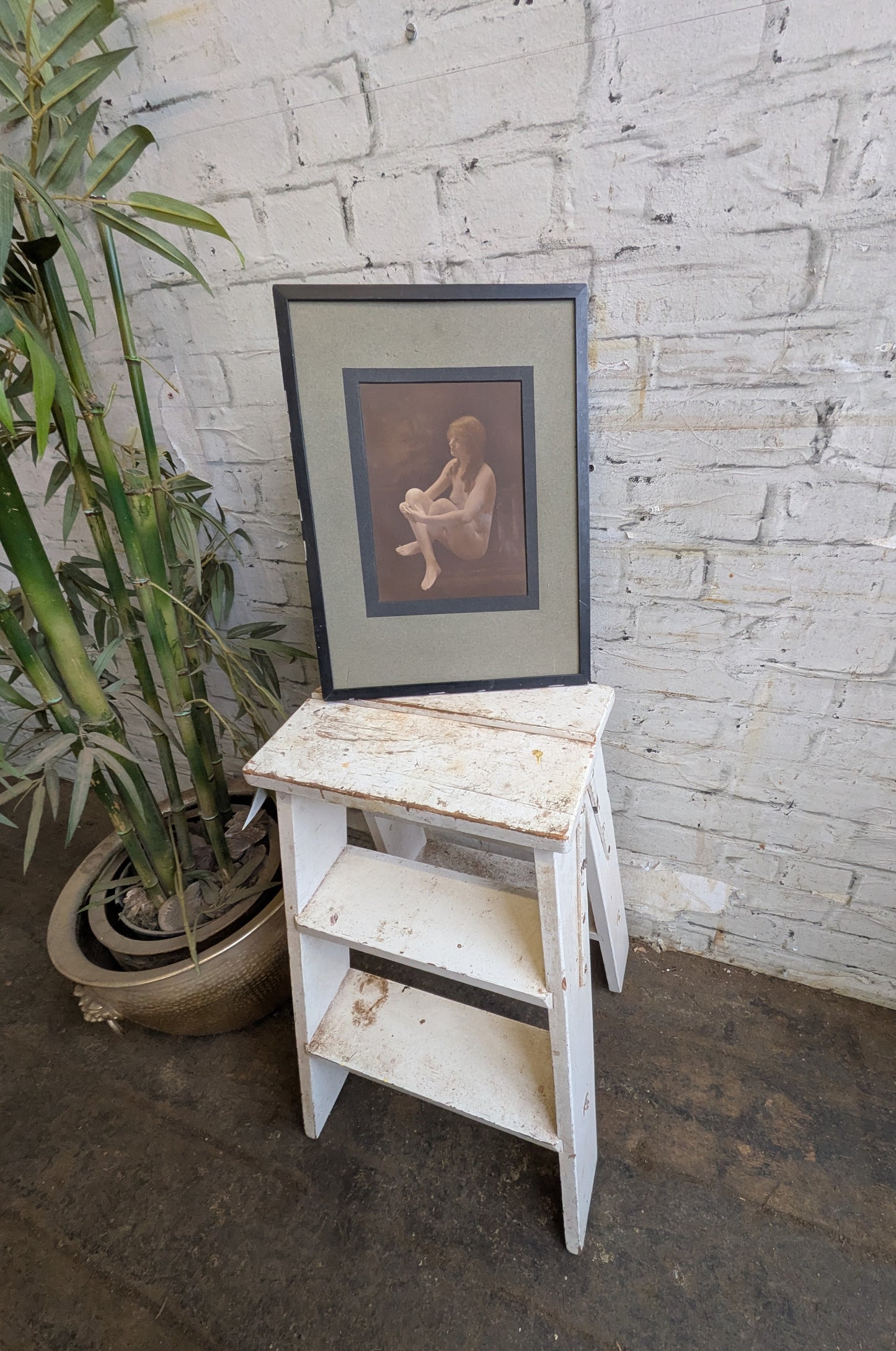 Antique Framed Hand Tinted Erotic Art Nude Seated Female Photograph